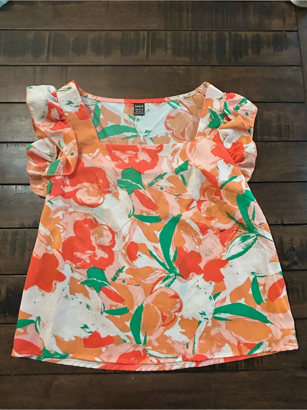 Coral & Green Floral Ruffle Sleeve Blouse
